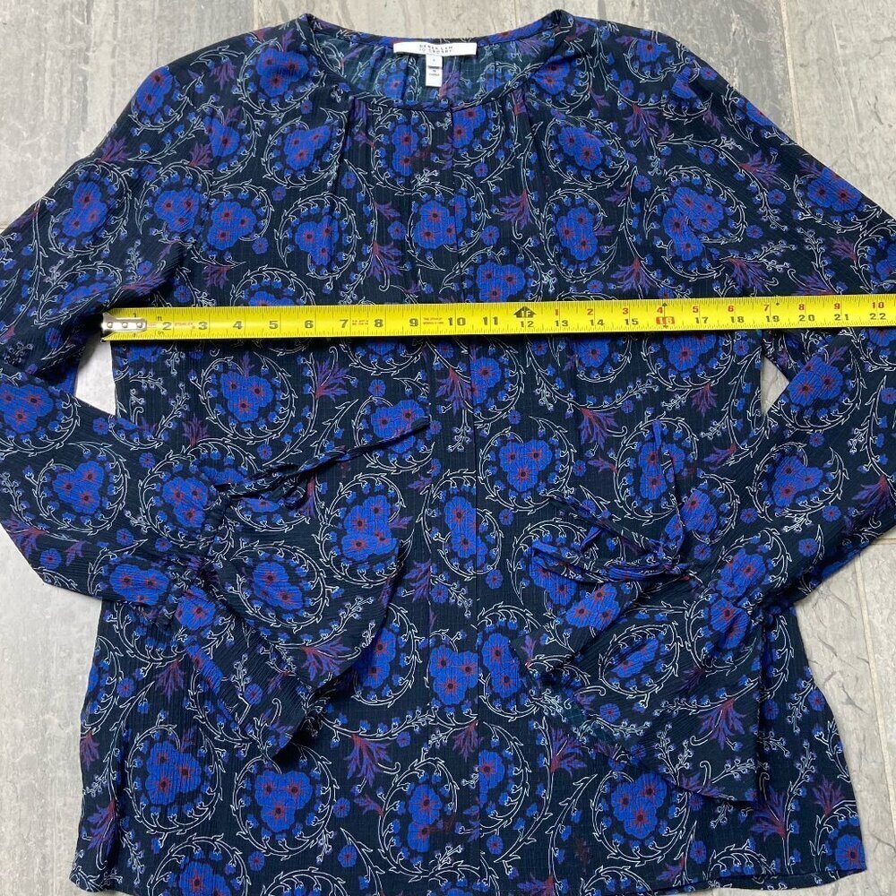 Derek Lam 10 Crosby Poet Floral Sheer Ruffle Sleeve Silk Blouse Blue Black Sz 6 - Picture 9 of 10